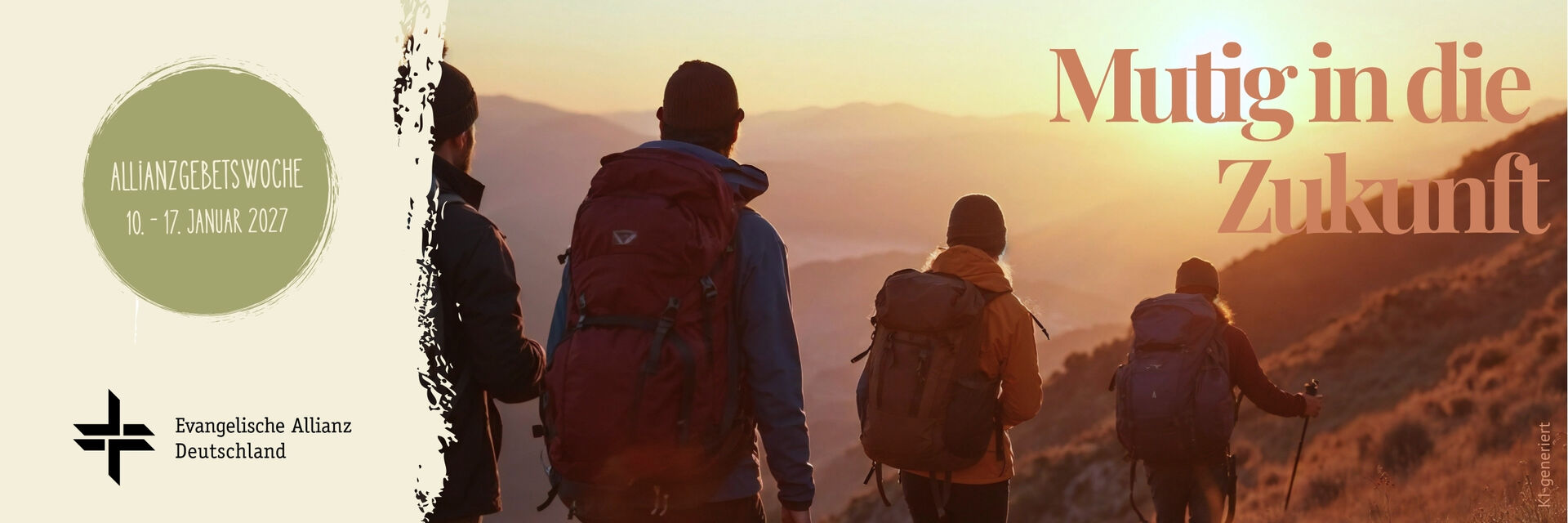 Eine Gruppe von Menschen wandert in einer bergigen Landschaft. Der Text "Mutig in die Zukunft" und Informationen zur Allianzgebetswoche (10. - 17. Januar 2027) sind sichtbar. (Text KI generiert)